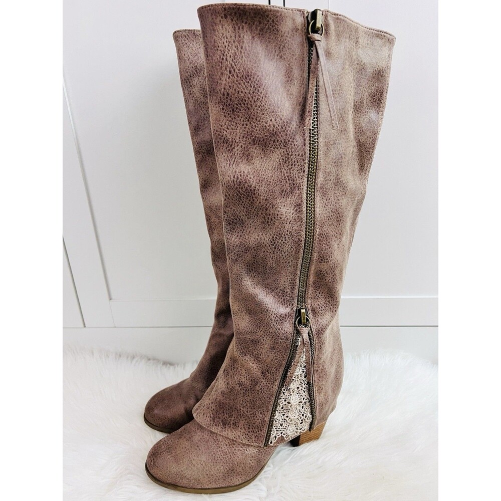 Not Rated Sassy Classy Taupe Brown Knee High Lacy Vegan Leather Riding Boots 10M